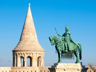 Mounted statue of Saint Stephen I, aka Szent Istvan kiraly - the first king of Hungary at typical...