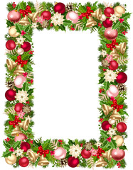 Vector Christmas frame with green, red, pink and silver fir-tree branches, balls, bells, holly, poinsettia flowers and pinecones.