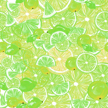 Vintage pattern with watercolors - from  citrus, spray, 
lemon, orange ,lime, tropical fruit, citrus, paint splash. The background color of yellow and green.