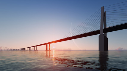 Bridge with sunset and big moon. 3D render