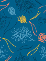 Fototapeta na wymiar Seamless pattern with pine branches, pine cones and needles. The sketch style. Yellow, red and blue. Hand drawn. Merry Christmas.