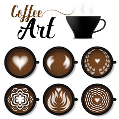 Black cup of coffee latte art set.