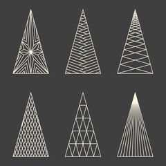 Set of linear graphic stylized Christmas trees on beige backgrou