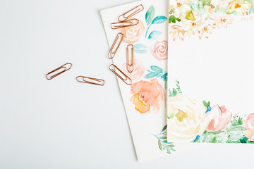 Watercolor paints brushes art details over white background.