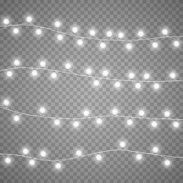 Christmas garlands isolation on transparent background. Xmas realistic overlay lights card. Holidays decorations bright lamps. Vector gloving garland illustration.