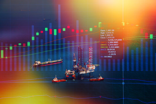 Stock market concept with oil rig in the gulf background,Double exposure,Energy crisis.