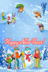 Obraz na płótnie Canvas Vector illustration of new year congratulation card with winter landscape happy family playing snowman, skiing, sleding walking outdoor.