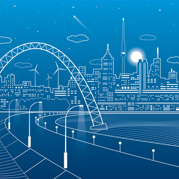 Highway under the bridge. Night city on a background, neon town, towers and houses on skyline, infrastructure illustration, airplane fly, vector design art