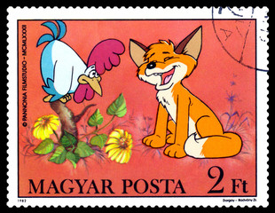 Postage stamp. Pup and Rooster.