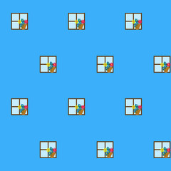 Windows with flowerpots on a blue house wall - a cute background pattern for children