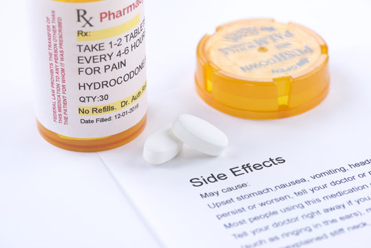Hydrocodone Side Effects.  Label created by photographer.