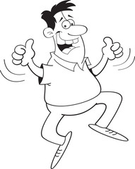 Black and white illustration of a happy man jumping.