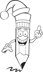 Black and white illustration of a pencil wearing a Santa hat.