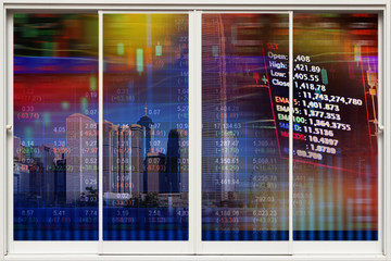 Double exposure of stocks market chart concept with city scape hong kong background
