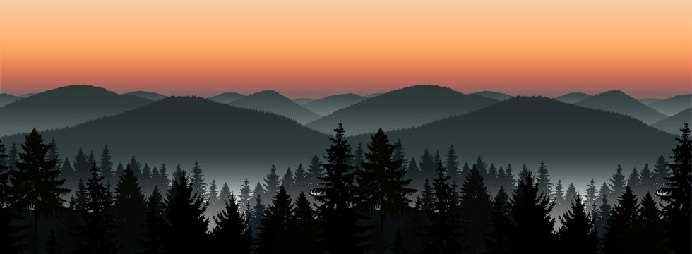 Seamless landscape. Panorama of mountains. Sunset. Mist.