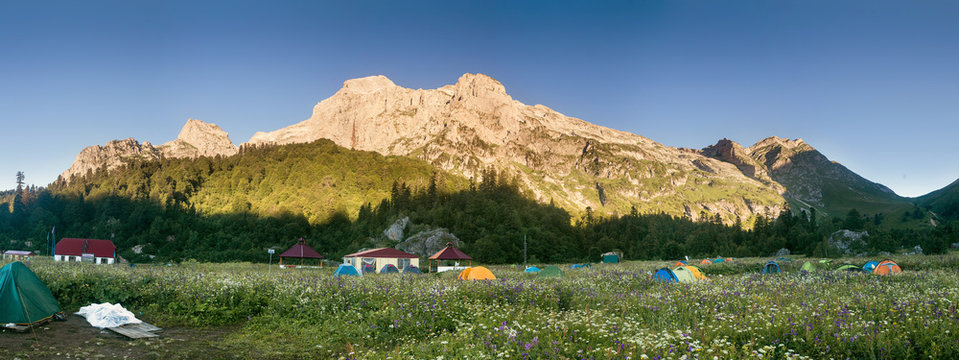 Panoramic morning view of the camp Fischt. Russia, Caucasus