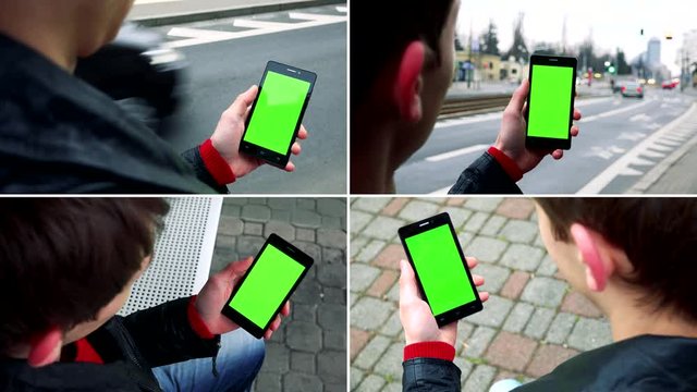 4K compilation - young man works on smartphone on urban street - green screen