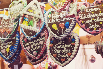Traditional gingerbread hearts at German Christmas Market