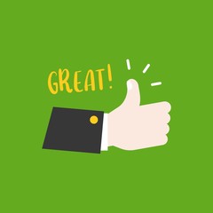 Hand thumps up, great meaning, flat design vector