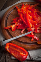 Raw, red pepper cut into strips.