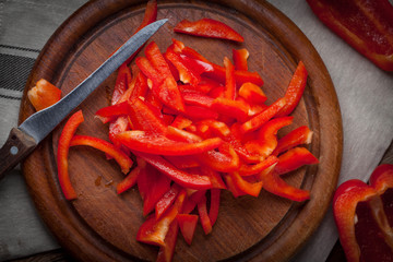 Raw, red pepper cut into strips.