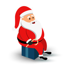 Christmas smiling Santa Claus character sitting on a blue big gift box. Cartoon bearded man in festive costume. Vector xmas illustration
