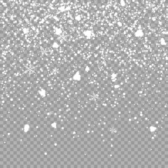 Isolated Christmas falling snow overlay on transparent background. Snowflakes storm layer.  pattern for design. Snowfall backdrop texture. Vector  illustration eps10