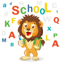 Funny Lion On A White Background. Cartoon Vector Illustrations. Back to School Theme. Colored Letters Vector. Cartoon Lion Mascot.