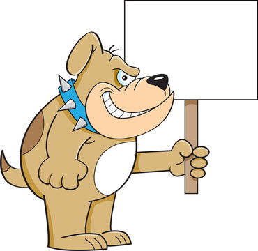 Cartoon illustration of a bulldog holding a sign.