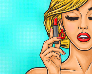 Pop art illustration woman paints her lips.