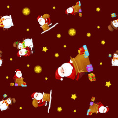 Seamless pattern Merry Christmas and Happy New Year, Friends Santa Claus in hat with presents and snowman in scarf celebrate xmas, stars and winter gifts vector illustration
