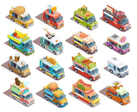 Street Food Trucks Isometric Icons Collection   