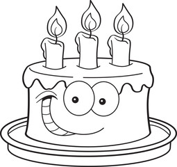 Black and white illustration of a smiling cake with candles.