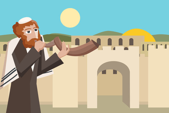 jew blowing the shofar at jerusalim old city cartoon
