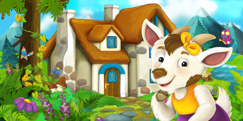 Cartoon scene with goat near village house - illustration for children