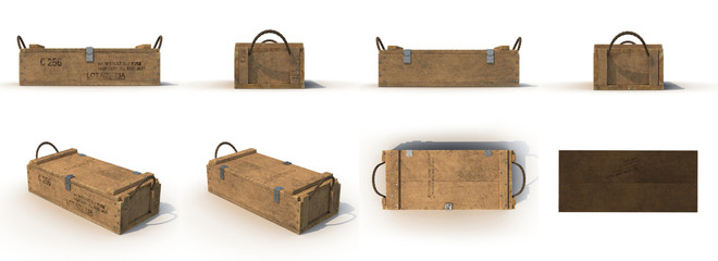 military old case box renders set from different angles on a white. 3D illustration - 129575192