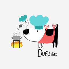 Dog & Bird cooking, vector illustration