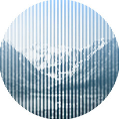 Striped mountain landscape in circle. Vector background made of stripes, snowy mountain view. Highlands landscape, vector background for flyer, advertising, banner, ads, poster