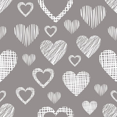 Seamless vector  geometrical pattern with hearts. Grey endless background with  hand drawn textured geometric figures. Graphic  illustration Template for wrapping, web backgrounds, wallpaper