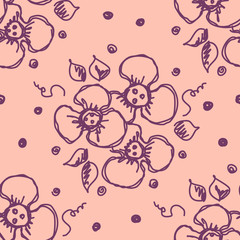 Seamless vector hand drawn seamless floral  pattern. Pink background with flowers, leaves, dots. Decorative cute graphic drawn illustration. Template for background, wrapping, wallpaper.