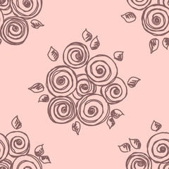 Seamless vector hand drawn seamless floral  pattern. Pink background with flowers, leaves. Decorative cute graphic drawn illustration. Template for background, wrapping, wallpaper.