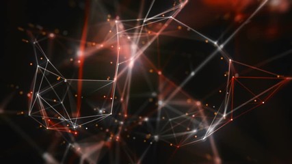 Network Connection Cloud Loop 6A: dark background, rotating flickering warm hot red light mesh cloud of connections with white lines and dots with depth-of field effect, FullHD and seamlessly loopable