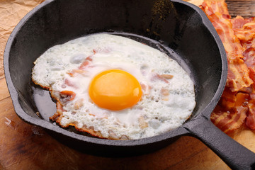 Fried egg with bacon pieces in a pan