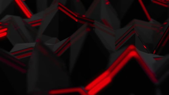 Sharp Crystal Field Loop 2C: dark landscape with depth-of-field effect of dynamic sharp pyramid shapes pulsating and flashing hot warm red edges, FullHD and seamlessly loop-able
