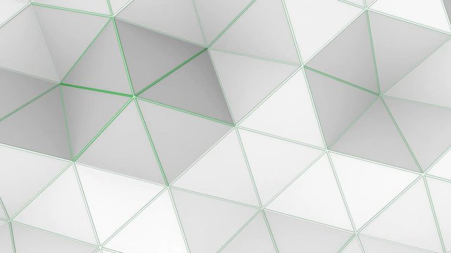 Low Poly Abstract Loop 1C: clean, modern, 3D soft moving triangles; white abstract polygon geometric backdrop with mint green wire-frame edge accents, UltraHD and FullHD and seamlessly loop-able 