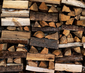 Dry Firewood neatly stacked in the woodpile. Background.