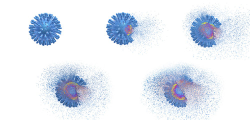 Destruction of Human Immunodeficiency Virus (HIV), AIDs virus isolated on white background, 3D illustration showing stages of destruction. Concept for HIV treatment and prevention