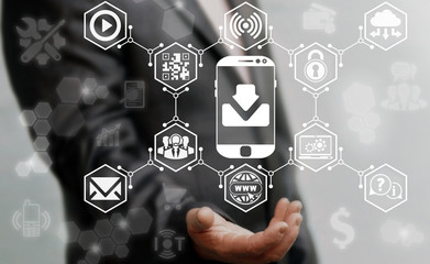 Businessman offers smart phone download concept button on virtual screen on background of business web media network icon. Smartphone arrow down sign. Internet online communication share upload sync.