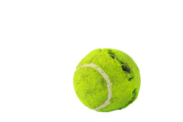Tennis balls by dog bites a white background