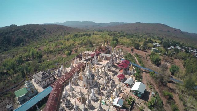 Aerial view on Shwe Inn Thein Paya temple complex near Inle Lake in central Myanmar (Burma), 4k
